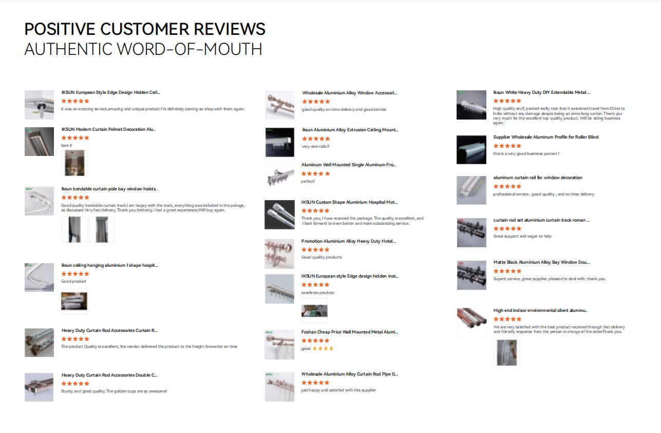 Screenshot of positive customer reviews with five-star ratings for IKSUN curtain tracks